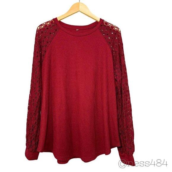Tops - Burgundy Women's Plus Long-Sleeved Blouse w/Lace Sleeves 2XL